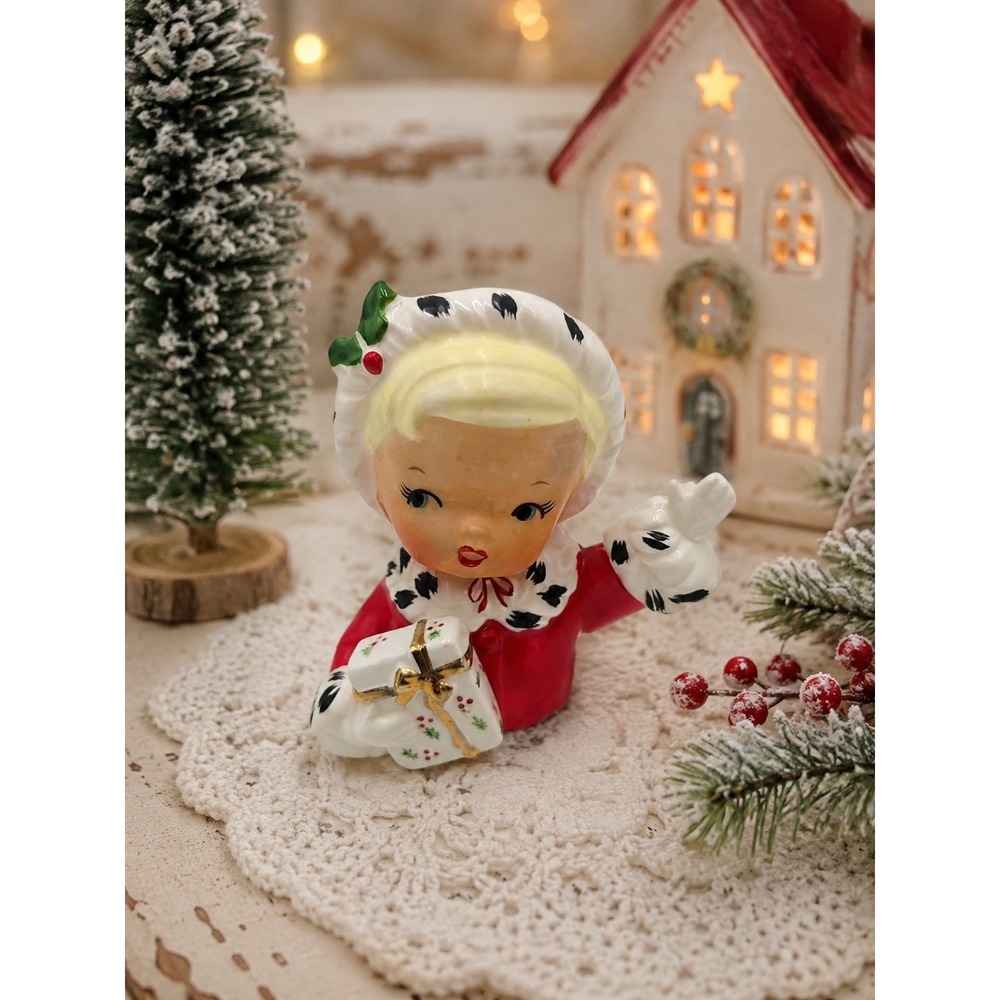 Vintage Napco Christmas Girl Figurine Planter Japan Present Holiday Kitsch MCM